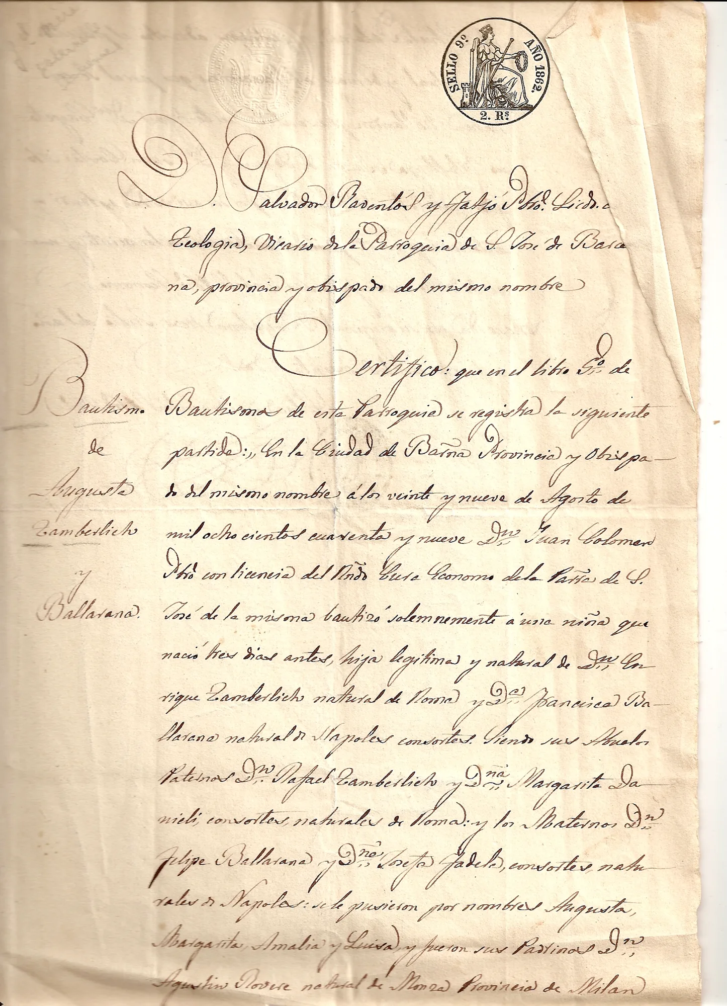 Acte de baptême d'Augusta Tamberlick