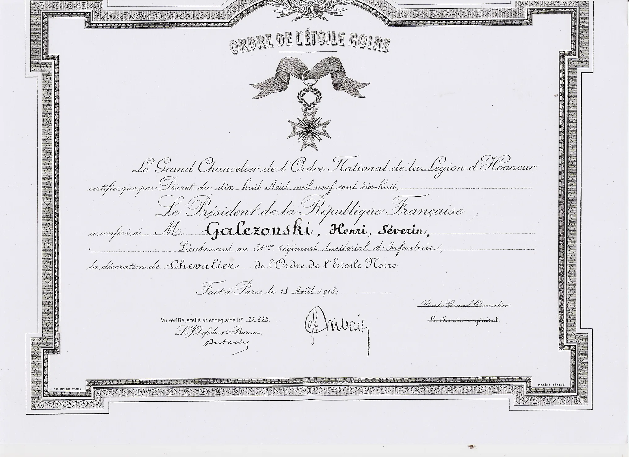 Diplôme de chevalier de l'Étoile noire d'Henri Galezowski, 1918