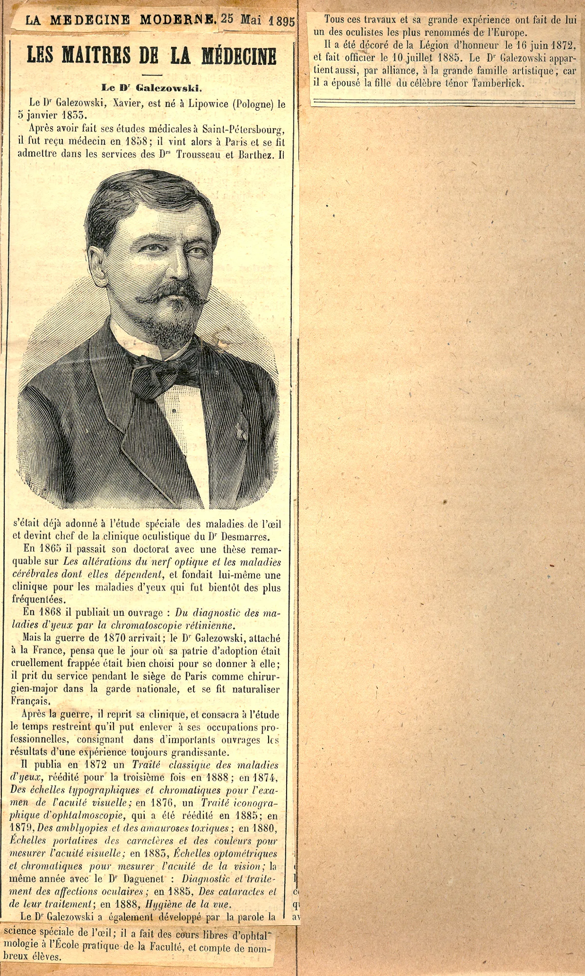 Page de La Médecine moderne, mai 1895, avec le portrait du docteur Galezowski