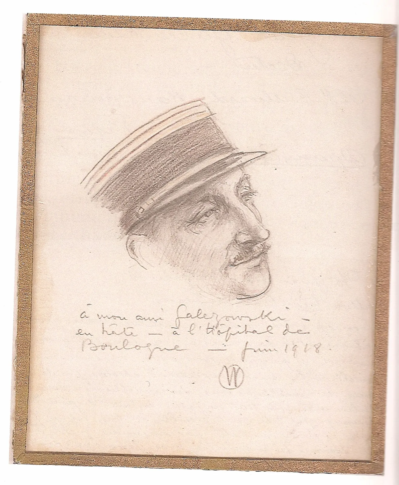 Croquis au crayon du médecin-major Jean Galezowski en képi, dédicacé