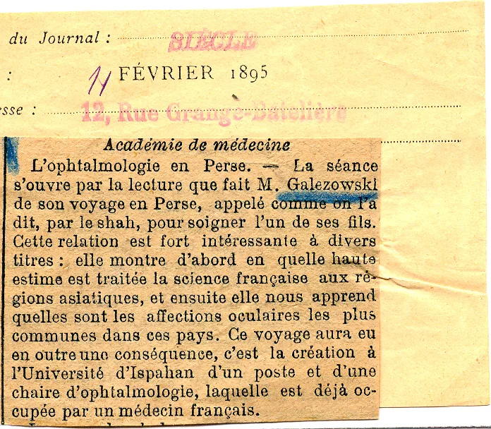 Coupure du Siècle du 11 février 1895 : l'ophtalmologie en Perse, séance de l'Académie de médecine