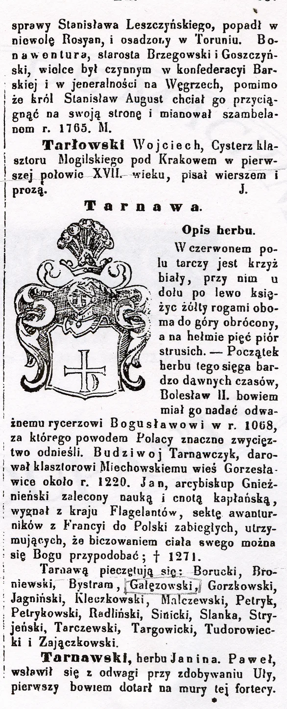 Notice de l'armorial polonais sur le blason Tarnawa, avec le dessin des armoiries