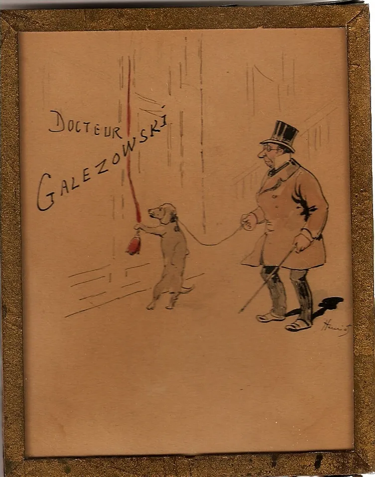 Caricature : un chien tire le cordon d'une sonnette à la porte du Docteur Galezowski